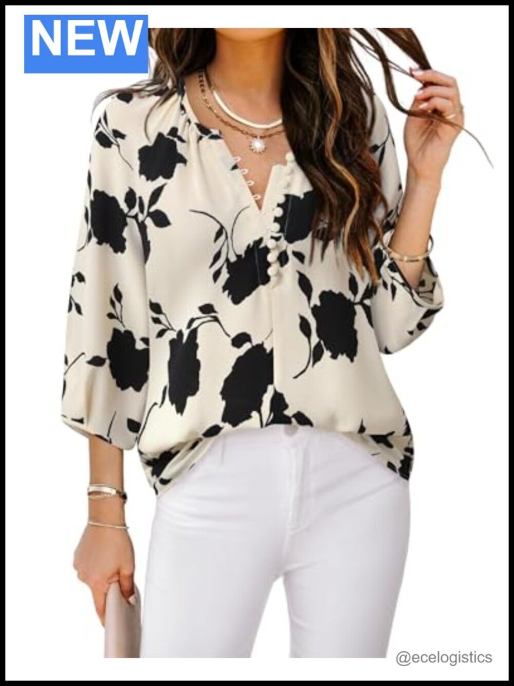 Womens V Neck 3/4 Sleeve Tunic Blouse Button Down Shirt Boho